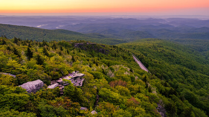 Aerial view of Blue Ridge Parkway in North Carolina at sunset.