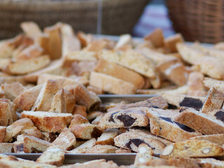 Traditional Italian almond biscuits (Cantucci) on table, closeup