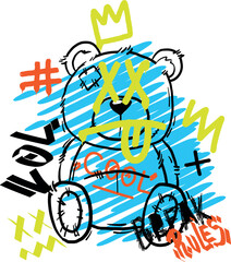 Print with bear, crown, words and other elements for t-shirt, clothing, cards, message and more design.