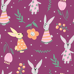 Seamless vector pattern with cute rabbits on a floral background. Ideal for textiles, wallpapers or prints.