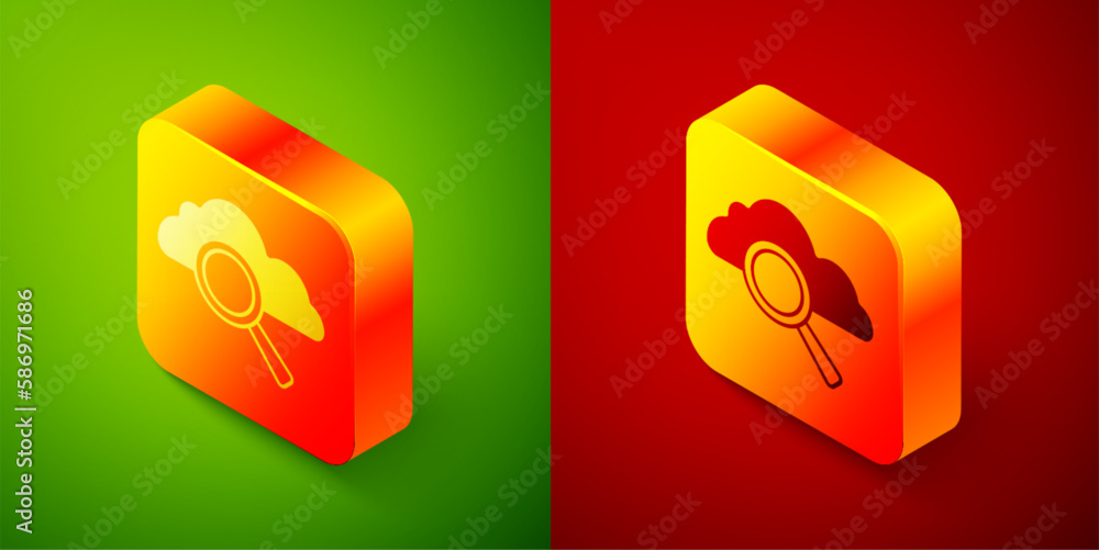 Poster isometric search cloud computing icon isolated on green and red background. magnifying glass and clo