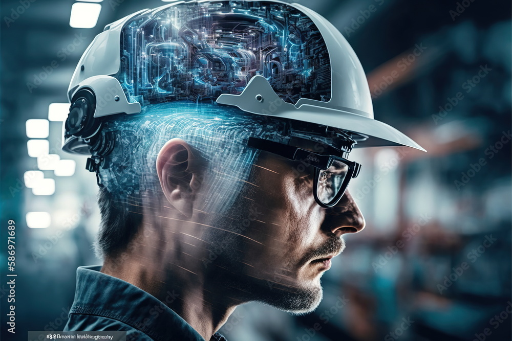 Poster electrical engineering concept design. electrician or engineer wear hardhat with double exposure eff