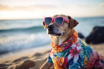 Funny Dog Enjoying a Beach Day in Hawaiian Shirt and Sunglasses - obrazy, fototapety, plakaty