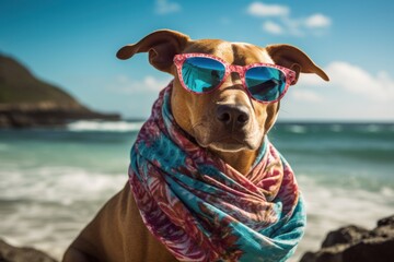 Obraz na płótnie Canvas Funny Dog Enjoying a Beach Day in Hawaiian Shirt and Sunglasses