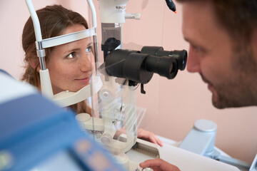 Beautiful Caucasian female is visiting the optometrist in the hospital