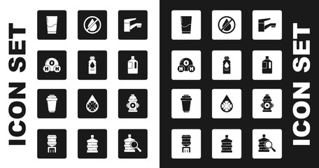 Set Water tap, Bottle of water, Chemical formula for H2O, Glass with, Big bottle clean, drop forbidden, Fire hydrant and filter cartridge icon. Vector