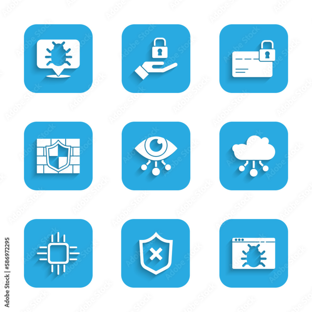 Poster set eye scan, shield with cross mark, system bug, internet of things, processor microcircuits cpu, b