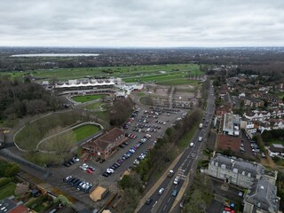 Sandown Park Racecourse Esher Surrey UK drone aerial view .Sandown Park Racecourse Esher Surrey UK in winter drone aerial view .