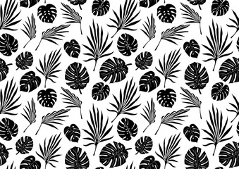 Tropical flowers, palm leaves, jungle, hibiscus. Vector exotic floral illustration. Hawaiian bouquet. Set of abstract tropical leaves. Monstera on white background. Seamless tropical background