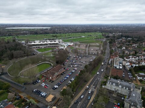 Sandown Park Racecourse Esher Surrey UK drone aerial view .Sandown Park Racecourse Esher Surrey UK in winter drone aerial view .