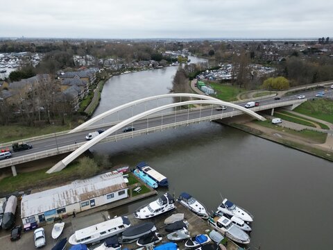 Walton bridge across River Thames England drone aerial view.Walton bridge across River Thames England drone aerial view.