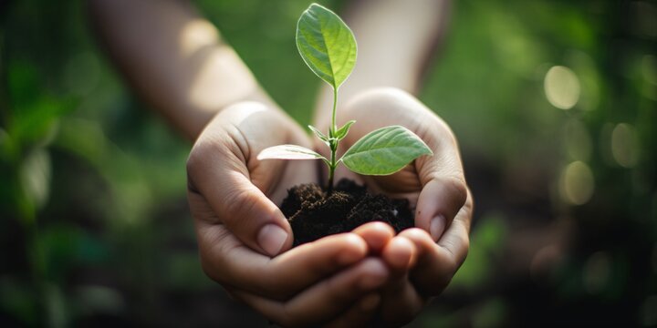 two hands hold a small young tree with some soil, earth day concept, generative ai