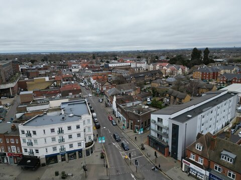 Walton on Thames Town centre Surrey UK drone aerial view