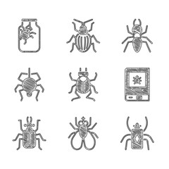 Set Beetle bug, Insect fly, Book about insect, Spider, Ant and jar icon. Vector