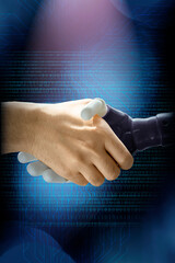 Handshake of a human hand and plastic robot arm, artificial intelligence AI concept. Internet,...