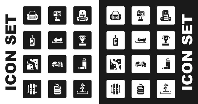 Set Hiking backpack, Sled, Identification badge, Sport bag, Award cup, Action camera, Thermos container and Route location icon. Vector