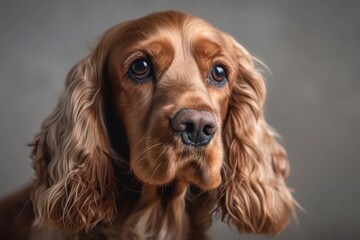 Portrait of a cocker spaniel dog against a plain background. There is room for text. Generative AI