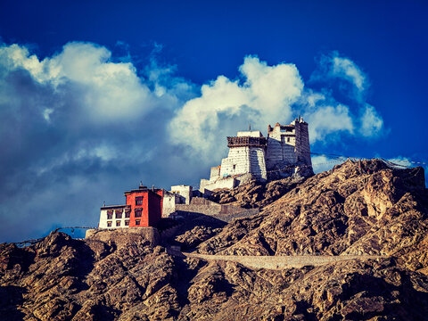 Vintage retro effect filtered hipster style image of Namgyal Tsemo gompa and fort. Leh, Ladakh, Jammu and Kashmir, India
