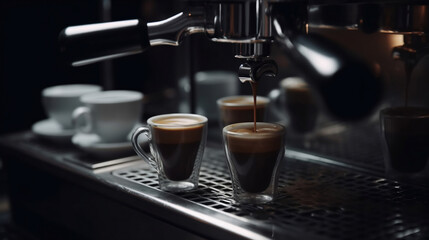 Espresso coffee brewing through the bottomless portafilter in white ceramic cup in artisan cafe shop. Vintage professional coffee machine, front view in center, mirrored background. Generative AI.