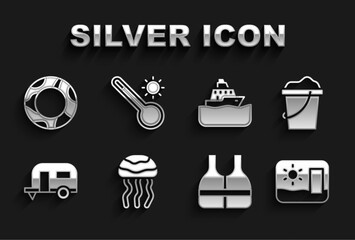 Set Jellyfish, Sand in bucket, Travel postcard, Life jacket, Rv Camping trailer, Cruise ship, Rubber swimming ring and Meteorology thermometer icon. Vector