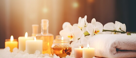 Fototapeta na wymiar spa composition on massage with Soft White Towels, Essential Oils, stones, flowers, Candles, and Relaxation ,digital ai art 