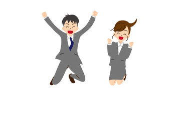 ジャンプするスーツの男女　ガッツポーズ　主線なし6