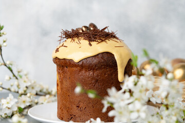 Easter cake with nest decor on gray background