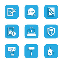 Set Auction jewelry sale, hammer, Price tag with Sale, painting, sold and icon. Vector