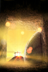 Three wooden crosses on a hill in the morning. Concept of Crucifixion on Mount Golgotha,...