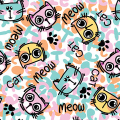 Seamless pattern with cats and words.  Background for textile, fabric, stationery, clothes, accessories and other designs.