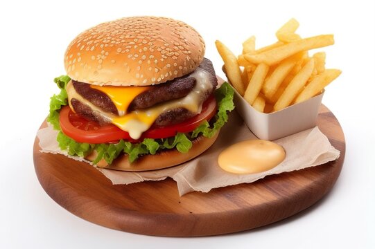 Photo A delicious burger of beef, cheese and vegetables on a clean wooden board with french fries separated on a bright background. AI-generated images