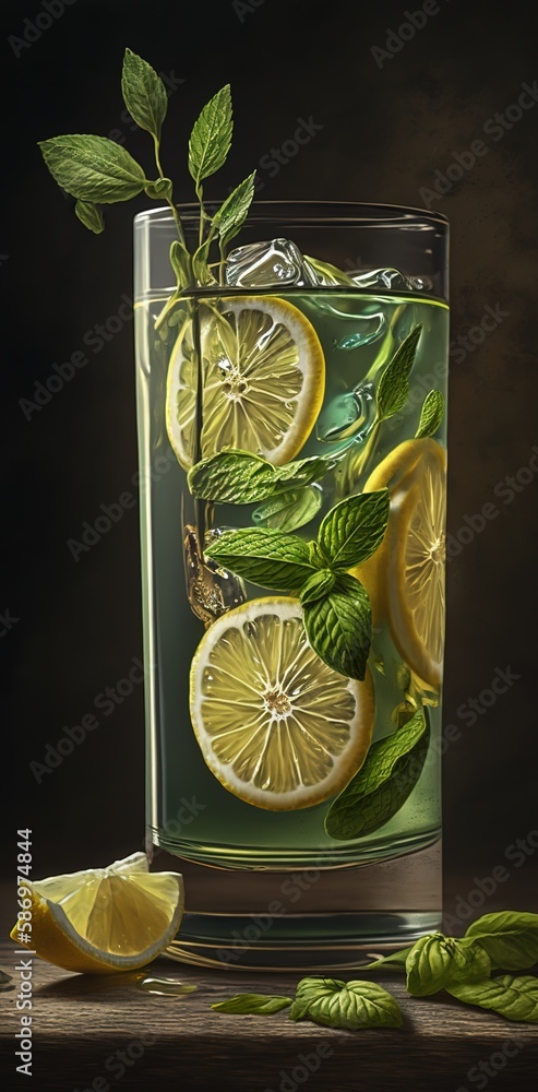 Poster mojito on the side of the table with mint and lemon. generative ai