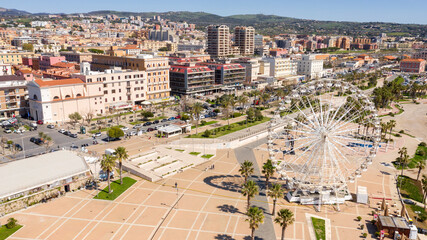 Aerial view of the Ferris wheel located on the waterfront of Civitavecchia in the Metropolitan City...