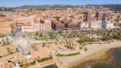 Aerial view of the Ferris wheel located on the waterfront of Civitavecchia in the Metropolitan City...