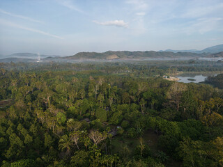 Fototapeta na wymiar Aerial view morning sunrise with fog river mountain