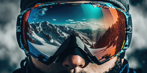 Close up of the ski goggles of a man with the reflection of snowed mountains. A mountain range reflected in the ski mask. Portrait of man at the ski resort on the background by ai generative