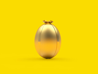 Golden Easter egg with a bow on a yellow background. 3D illustration