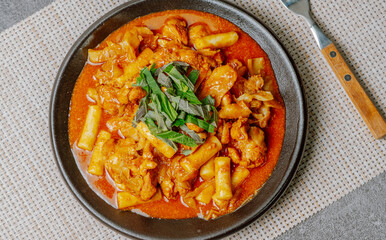 Dakgalbi, korean style Spicy Stir-fried Chicken with rice cake, Chicken pieces marinated in a gochujang, and stir-fried in a flat grill pan with cabbage, sweet potato, carrots, and tteok (rice cakes).