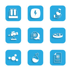 Set Atom, Test tube, Chemistry report, Petri dish with bacteria, Molecule, Telescope, and icon. Vector