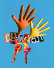 Art collage of charming couple, woman and man wearing retro style clothes and dancing with smile over blue background