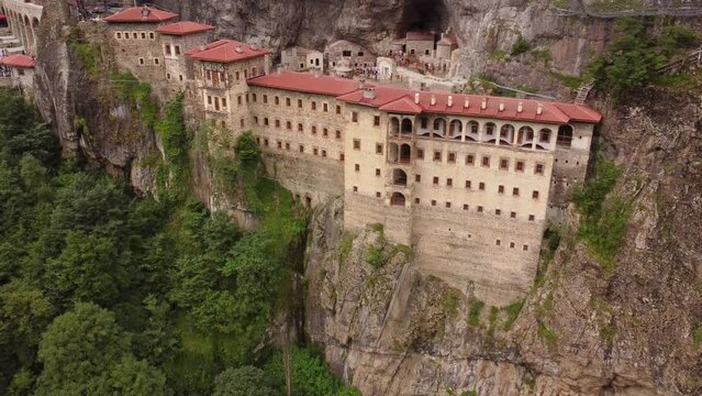 Aerial view of mountain Sumela Monastery in Trabzon Province of Turkey, 4k