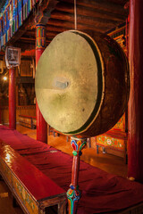Gong (drum) in Likir gompa (Tibetan Buddhist monastery). Ladakh, India - 586975464