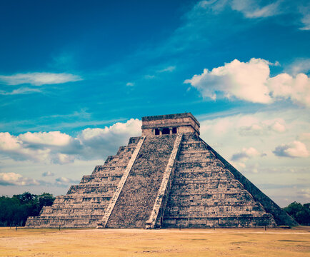 Vintage retro effect filtered hipster style image of famous mexican landmark - ancient mayan pyramid in Chichen-Itza, Mexico