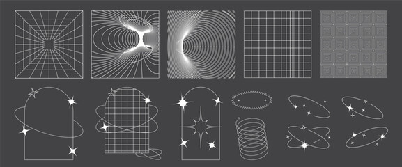 Y2k object pack. Retro futuristic set. Modern object, surreal geometric shapes, wireframe and perspective grids. Abstract vector illustration in trendy psychedelic techno style. Vector illustration