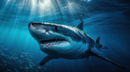 Fototapeta premium Underwater Wonders, A stunning collection of photographs and illustrations featuring a variety of marine animals, from colorful tropical fish to majestic sharks, Illustration Generative AI