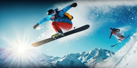 Skis Snowboarding. blue sky background, Extreme pose, extreme winter sport. copy space, by ai generative
