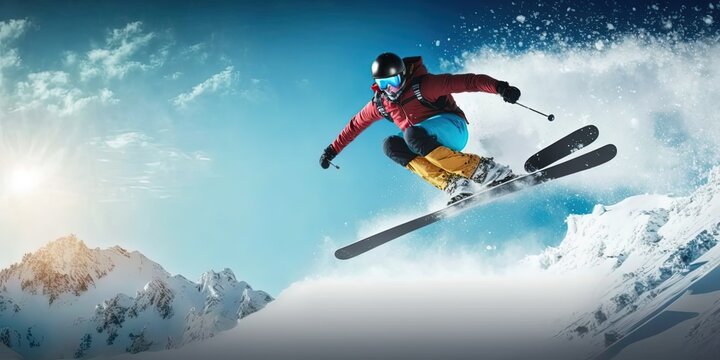Skis Snowboarding. blue sky background, Extreme pose, extreme winter sport. copy space, by ai generative © YuDwi Studio