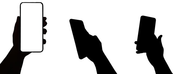 holding smartphone with hand black silhouette, phone screen with 3 different pose, Rotated and perspective isolated on white background