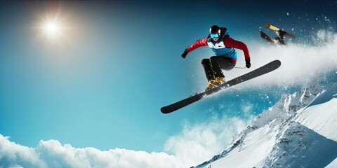 Skis Snowboarding. blue sky background, Extreme pose, extreme winter sport. copy space, by ai generative