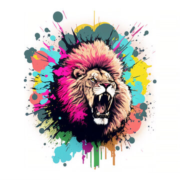 An attacker - the portrait of an angry lion. Pop art illustration of a predator - the wild animal in a creative style painted with an explosion of colours; white background.